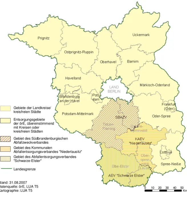 Abbildung  1:  Gebiete  der  öffentlich-rechtlichen  Entsorgungsträger  im  Land  Brandenburg  2006 
