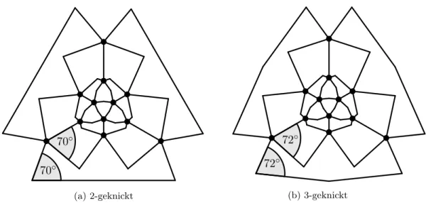 Abb. 3.5: Eine beste S 2 -Zeichnung des Ikosaedergraphen mit Winkelauflösung 70 ◦ und eine beste S 3 -Zeichnung des Ikosaedergraphen mit Winkelauflösung 72 ◦ .