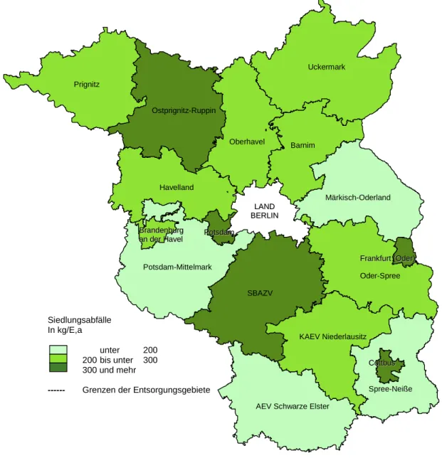 Abbildung 7  Einwohnerspezifische Menge an Festen Siedlungsabfällen der öffentlich-rechtlichen Entsor- Entsor-gungsträger des Landes Brandenburg 2005 