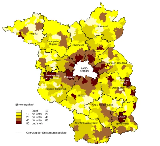 Tabelle 1:  Anzahl  der  Einwohner  in  den  Entsorgungsgebieten  der  öffentlich-rechtlichen  Entsor- Entsor-gungsträger des Landes Brandenburg 2005 