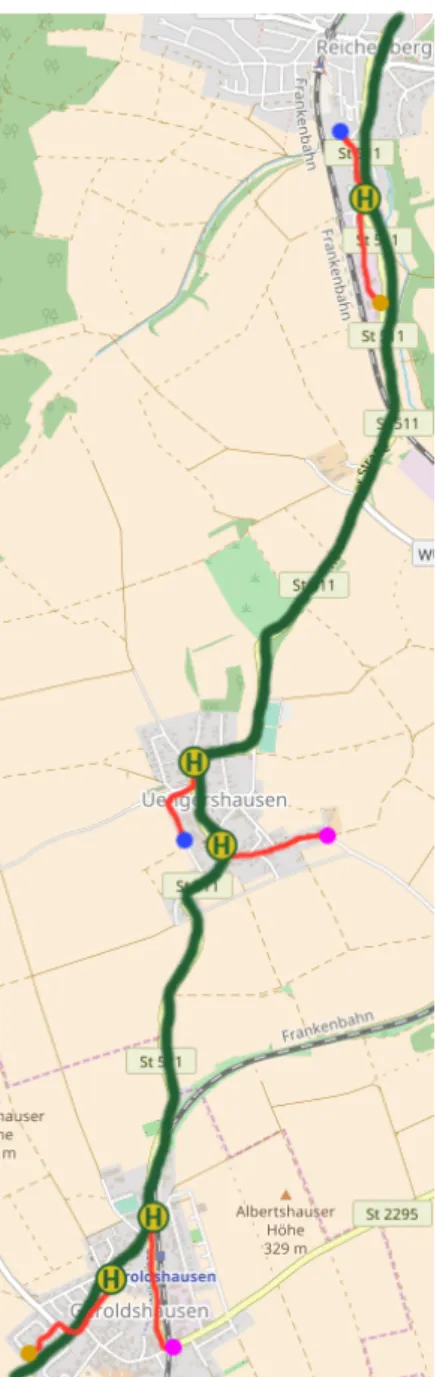 Fig. 1.1: A traditional bus line through villages. The red lines indicate walking distances of  cus-tomers.