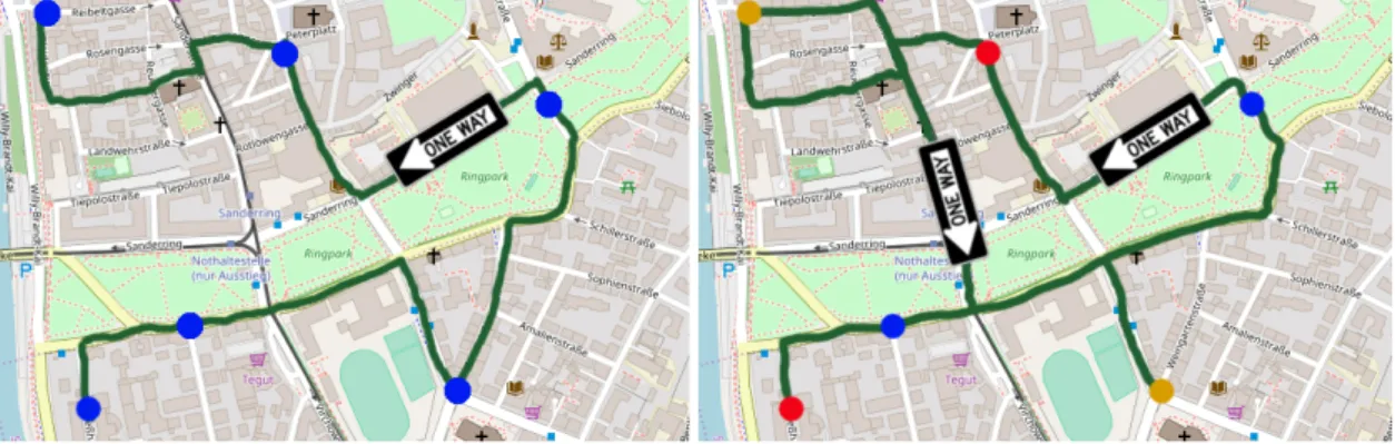 Fig. 2.1: The left image shows a TSP instance and a route visiting all points. In the right image, the points are paired