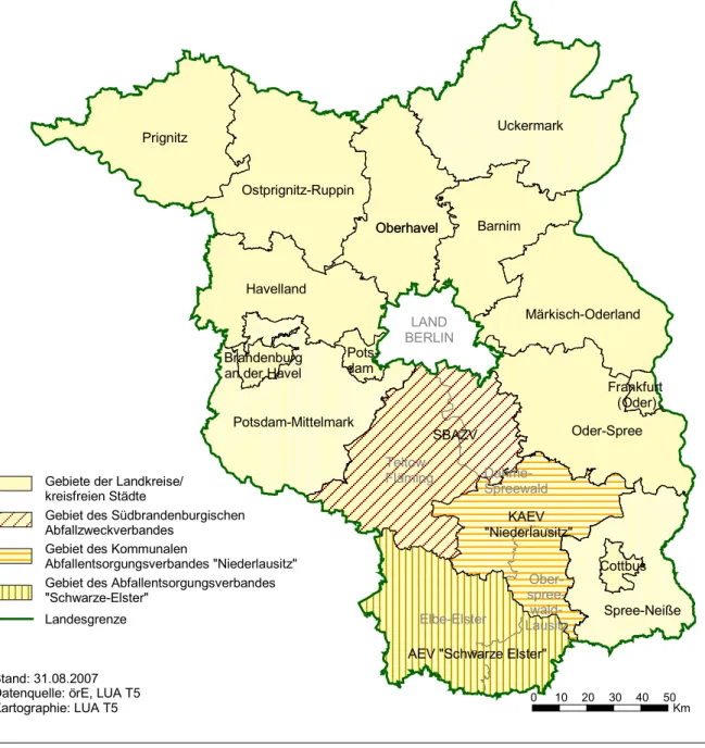Tabelle  1:  Bevölkerung  in  den  Entsorgungsgebieten  der  öffentlich-rechtlichen  Entsorgungsträger  des  Landes Brandenburg 2006