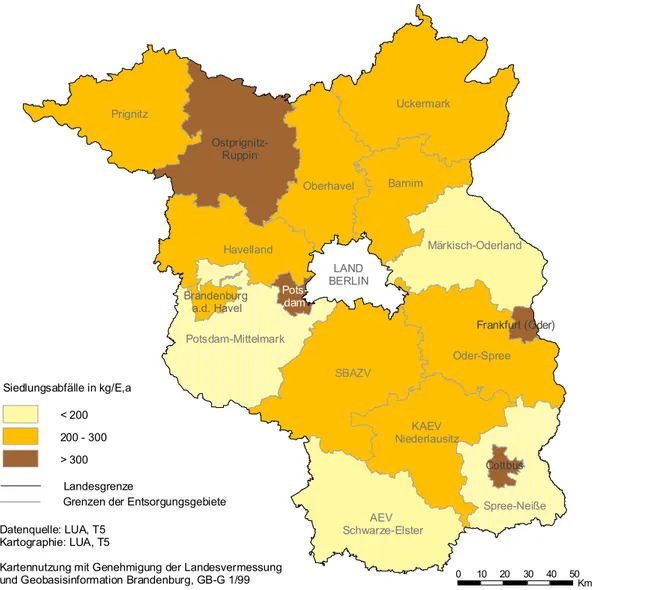 Abbildung 7: Einwohnerspezifisches Aufkommen an Festen Siedlungsabfällen in den Entsorgungsgebieten  der öffentlich-rechtlichen Entsorgungsträger des Landes Brandenburg 2006