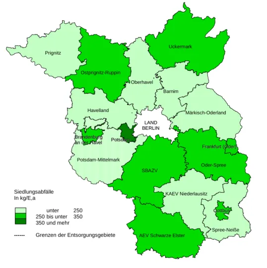 Abb.  7:  Einwohnerspezifische  Menge  an  Festen  Siedlungsabfällen  der  öffentlich-rechtlichen  Entsorgungsträger des Landes Brandenburg 2004 