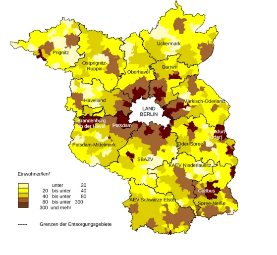 Abb. 1: Einwohnerdichte in den Entsorgungsgebieten der öffentlich-rechtlichen Entsorgungsträ- Entsorgungsträ-ger des Landes Brandenburg 2004 