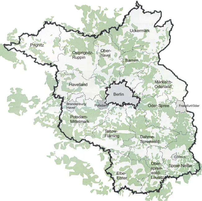 Abb. 1:  Waldverteilung im Land Brandenburg sowie Landkreise und kreisfreie Städte