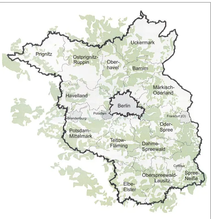 Abb. 1: Waldverteilung im Land Brandenburg sowie Landkreise und kreisfreie StädtePrignitzOstprignitz-RuppinUckermarkOber-havelBarnimHavellandBerlin Märkisch-OderlandPotsdam-MittelmarkTeltow-FlämingOder-SpreeDahme-SpreewaldElbe-Elster Oberspreewald-Lausitz 