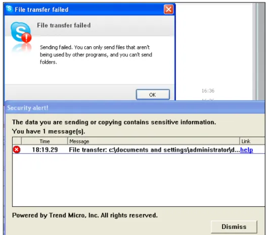 Figure 10: The DLP blocks Skype from loading a sensitive file. 