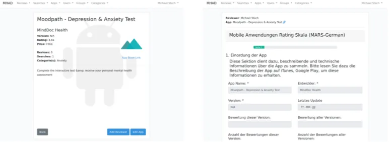 Fig. 3. Screenshots: Manage app information and its reviews (left) and MARS-G reviewer view (right).