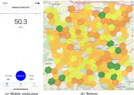 Figure 4: Screenshots of the mobile application and the website showing the noise level map