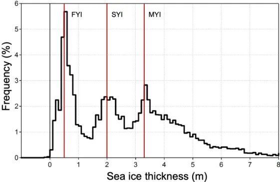 Figure 2.2: Example of sea ice thickness distribution measured in the Beaufort Sea in April 2008 (Hendricks, 2009)