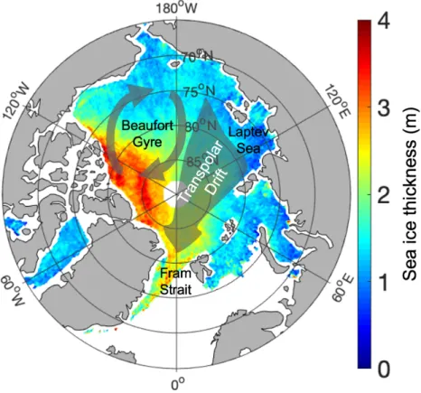 Figure 2.4: January to April 2020 mean sea ice thickness from the ESA CCI-2 climate data record (Hendricks et al., 2018a), superimposed by schematics of the general Arctic sea ice drift patterns.
