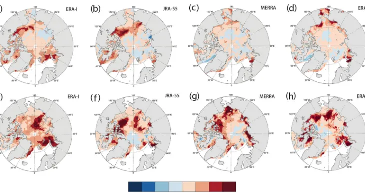 Figure 5. Linear trend of rainfall–precipitation ratio (RPR) in May (upper panel) and June (bottom panel) over Arctic sea ice during 1980–
