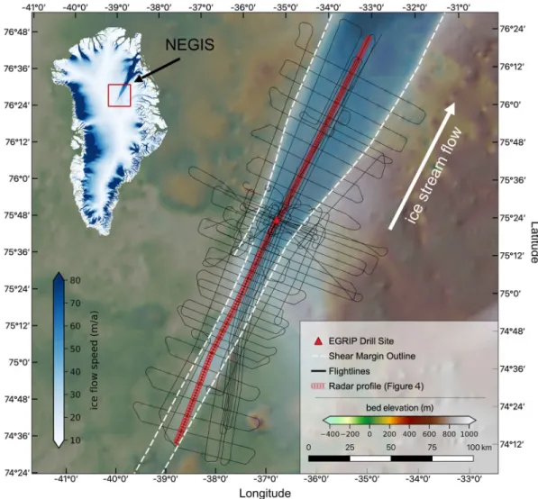 Figure 1.  Overview of the survey area in the interior of the Greenland Ice Sheet at the onset of fast flow of the NEGIS