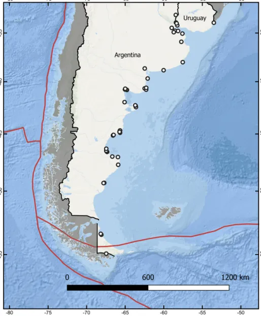 Figure 2. MIS 5 sea-level indicators along the southeastern South America coastline (black-outlined circles).