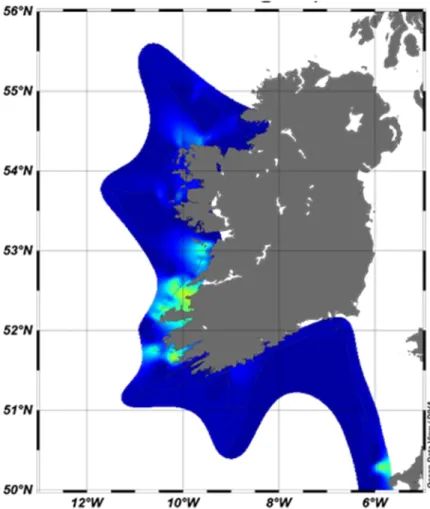 Fig. 5.1.4  Estimated distribution of Karenia sp. along the west coast of Ireland based on continuous absorption  coefficient measurements 