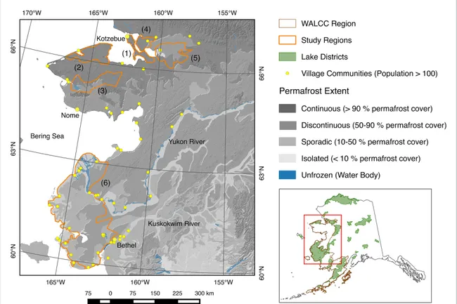 Figure 1. Study areas in the northern and central western Alaska LCC Region with permafrost extent types and village locations in the region (with population &gt;100, major villages Kotzebue, Nome and Bethel are shown in large yellow dots): (1) the Baldwin