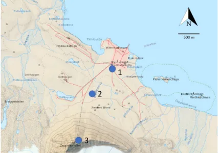 Figure 1. Site map of Ny-Ålesund. The locations of the Raman Lidar (1), the Gruvebadet Station (2) and the Zeppelin Station (3) are marked in the figure.