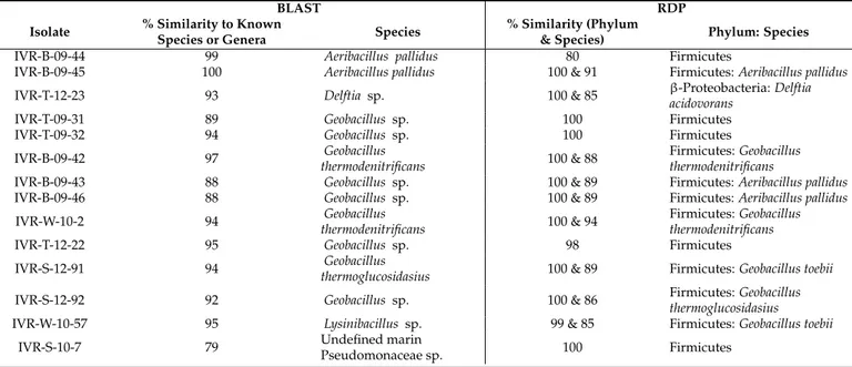 Table 2. Taxonomic assignments of isolated cultured thermophilic bacteria from the Veracruz Reef System