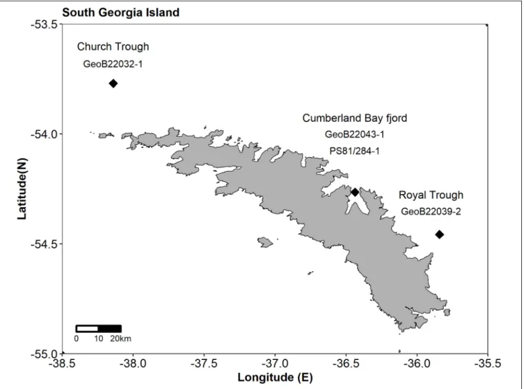 FIGURE 1 | Map of South Georgia and sampling locations marked by diamonds. In west to east direction these are: Church Trough (GeoB22032-1), Cumberland Bay (GeoB22043-1, PS81/284-1) and Royal Trough (GeoB22039-2)