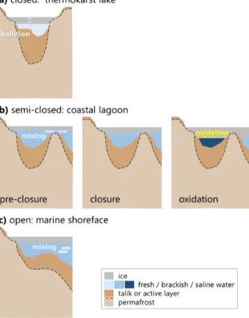 Figure 7. Schematics of geomorphological differences between the three aquatic systems under investigation: (a) the closed system  rep-resents a typical thermokarst lake, such as LK, with a closed talik and a complete winter ice cover over fresh water; (b)
