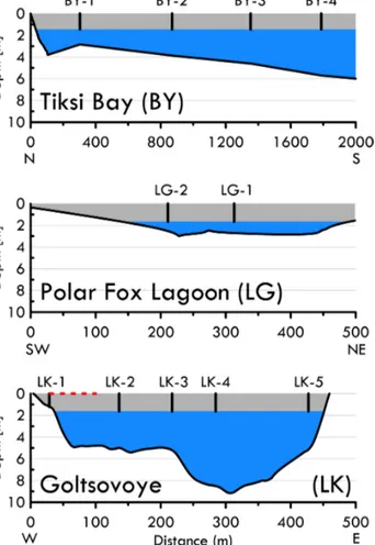 Figure 2. Cross sections of the bathymetry of the Tiksi Bay (BY) profile (N to S), Polar Fox Lagoon (LG) from southwest to  north-east and Goltsovoye Lake (LK) along the coring transect (W to E).