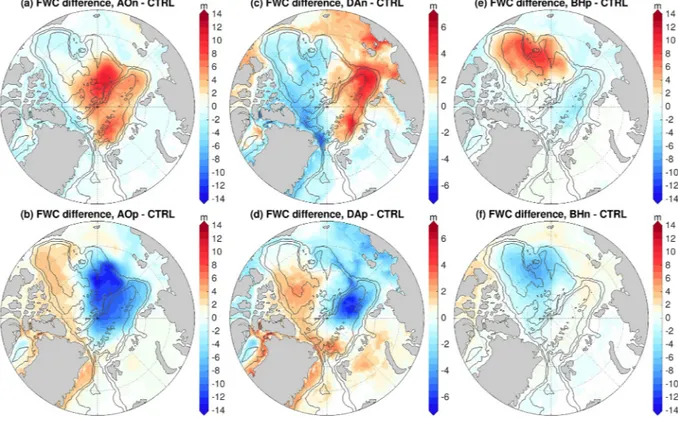 Figure 9.  (a) Anomaly of liquid freshwater content (FWC, m) in the perturbation experiment with negative Arctic Oscillation (AO) forcing in 1989 (the last  year of the cold period) relative to the control simulation