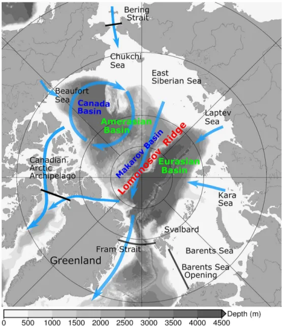 Figure 1.  Schematic of the Pan-Arctic surface freshwater circulation (blue arrows). The background gray color  shows bottom bathymetry