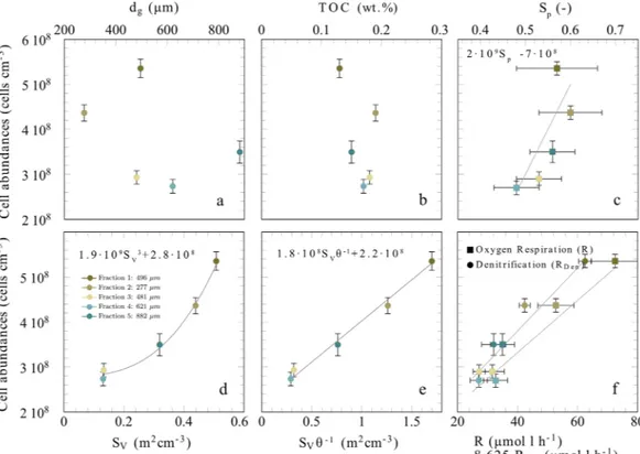 Figure 2. (a,b) cell abundances are not significantly correlated with median grain size nor with total organic  carbon content (R 2 &lt;  0.2)