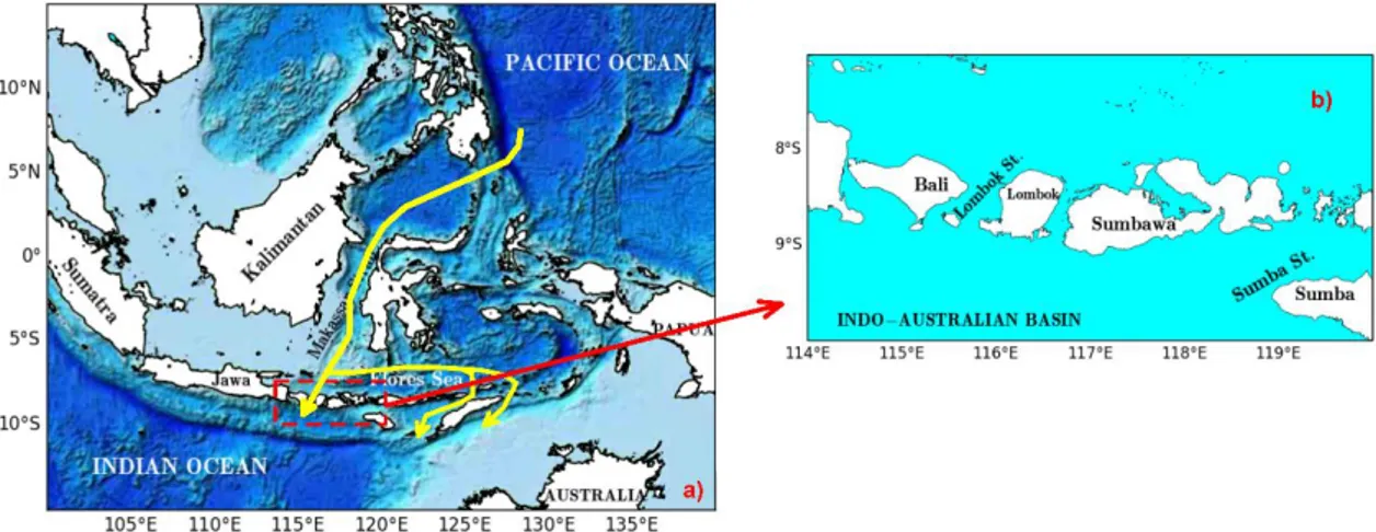 Figure 1. (a) The Indonesian archipelago; yellow arrow shows the water exchange between  the Pacific and Indian Oceans