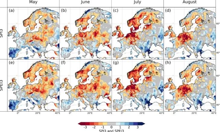 Figure 6. Meteorological drought 2018 indexed by SPI3 for (a) May, (b) June, (c) July, and (d) August, and SPEI3 for (e) May, (f) June, (g) July, and (h) August