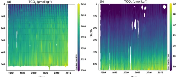 Figure 6. Time series of TCO 2 using NNGv2LDEO at (a) BATS and (b) HOT ALOHA locations