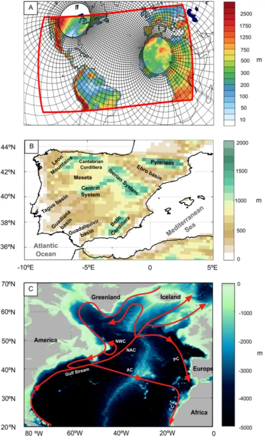 Fig. 1    a ROM atmospheric  and oceanic grids. The red  line shows the limits of the  atmospheric domain, while the  black lines represent the oceanic  mesh (each 12th line is shown)
