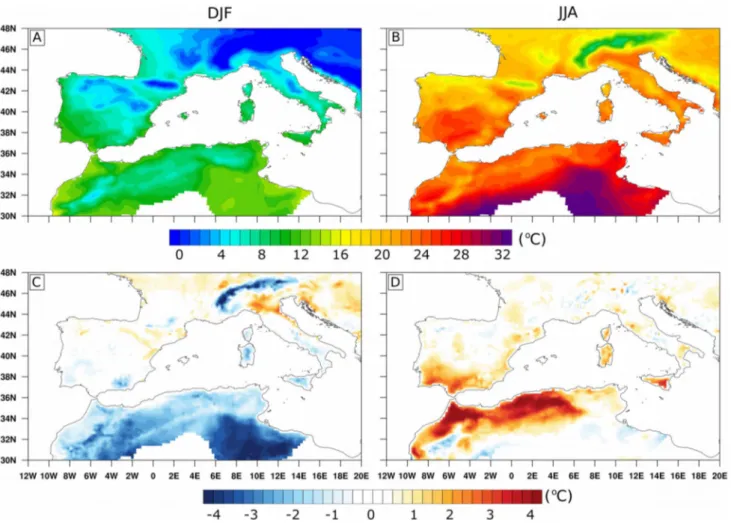 Fig. 2    Winter (DJF; left column) and summer (JJA; right column)  averages of daily 2-m air temperature (T2M), in °C, computed for the  1980–2012 time period