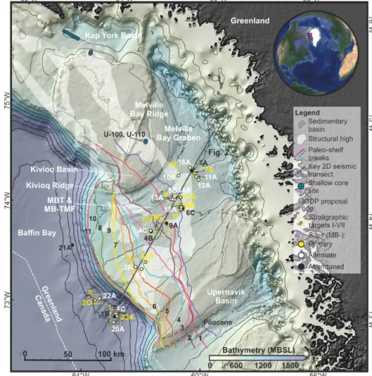 Figure 1. Location map. A bathymetric map of the Melville Bay area in north-western Greenland from Newton et al