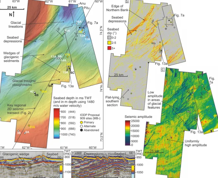 Figure 6. Seabed mapping. (a) A seabed structure map across the 3D seismic coverage shown in both two-way time and converted metric depth, with the bathymetry data from Newton et al