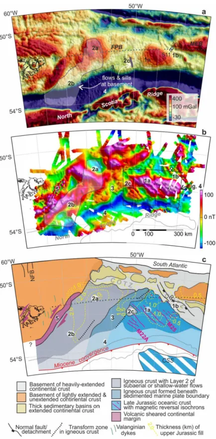 Figure 3.  Potential field data and interpretation of the Falkland Plateau Basin. (a) Satellite-derived free-air gravity   anomalies 42 