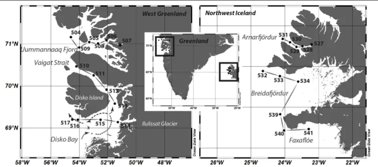 FIGURE 1 | Study sites and sampling stations at the coast of west Greenland and northwest Iceland