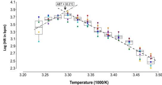 Fig. 4    Arrhenius plot showing  an impact of acute warming on  heart rate (HR) of O