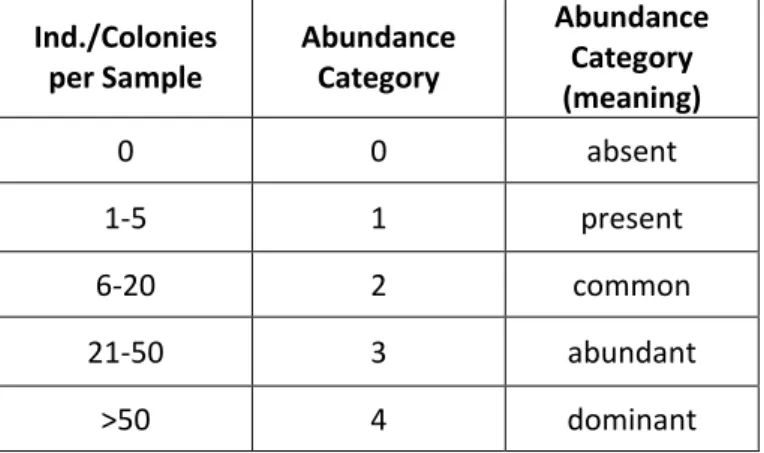 Table 1. Abundance categories used for the assessment of organisms per sample, according to Buschbaum et al