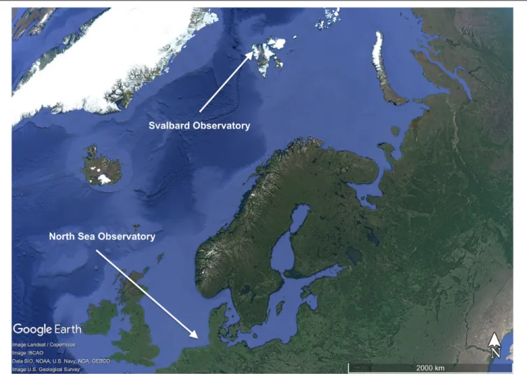 FIGURE 1 | Location of the two COSYNA observatories in the southern North Sea (COSYNA-Helgoland) and the Arctic Ocean in the Svalbard archipelago (COSYNA-AWIPEV).