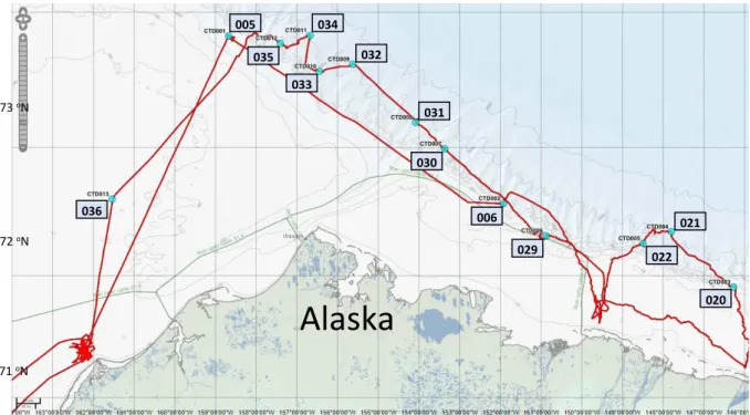 Figure 1.1. Working area and track chart of R/V Sikuliaq, Cruise SKQ201923S with fishing stations and ship CTD  station numbers indicated