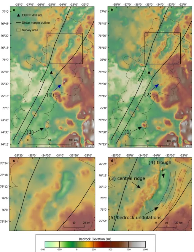 Fig. 3. Bed topography of (a) BedMachine v3 (Morlighem and others, 2017 and (b) the EGRIP-NOR-2018 bed topography derived from our ice thickness data