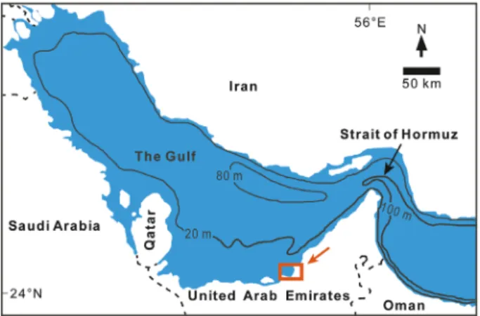 Fig. 1. Geographical location and bathymetry of the Gulf (modified from Sadrinasab &amp; Kenarkohi, 2009).