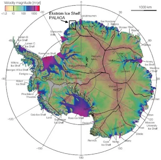 Figure 2: Map with flow velocities of the Antarctic ice sheets modified after by Rignot et al., (2011)