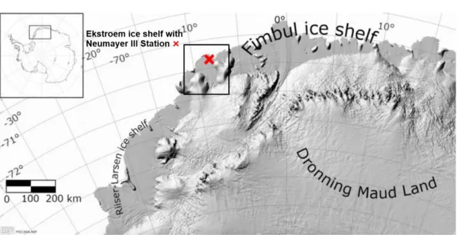 Figure 20: The map shows the survey area located on the Ekström Ice Shelf in Dronning Maud Land in Antarctica