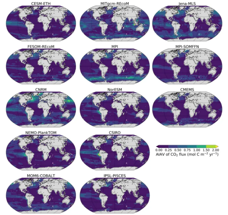 FIGURE 6 | Spatially resolved amplitude of interannual variability (AIAV) of annual air-sea CO 2 flux calculated as the standard deviation of the detrended annual CO 2