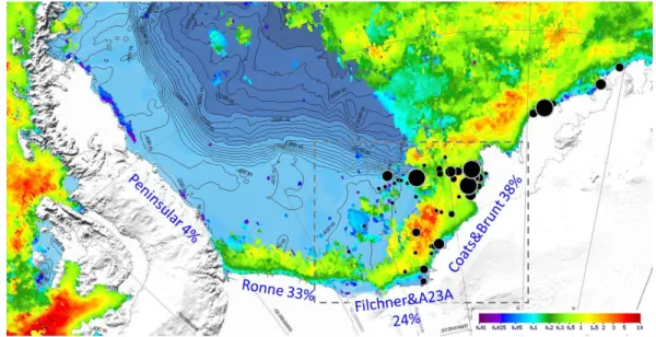 Abb. 1.3: Bodentopographie des südlichen Weddellmeeres überdeckt von Chlorophyll-a  Konzentrationen im offenen Wasser (mg/m³, VIIRS, klimatologisches Mittel aus Dez-Feb 2012-2017),  keine Daten auf Grund von Meereisbedeckung