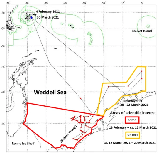 Abb. 1.1: Voraussichtlicher Fahrtverlauf und Zeitrahmen für PS124, und die Untersuchungsgebiete im  südlichen (roter Rahmen) und östlichen Weddellmeer (gelber Rahmen)